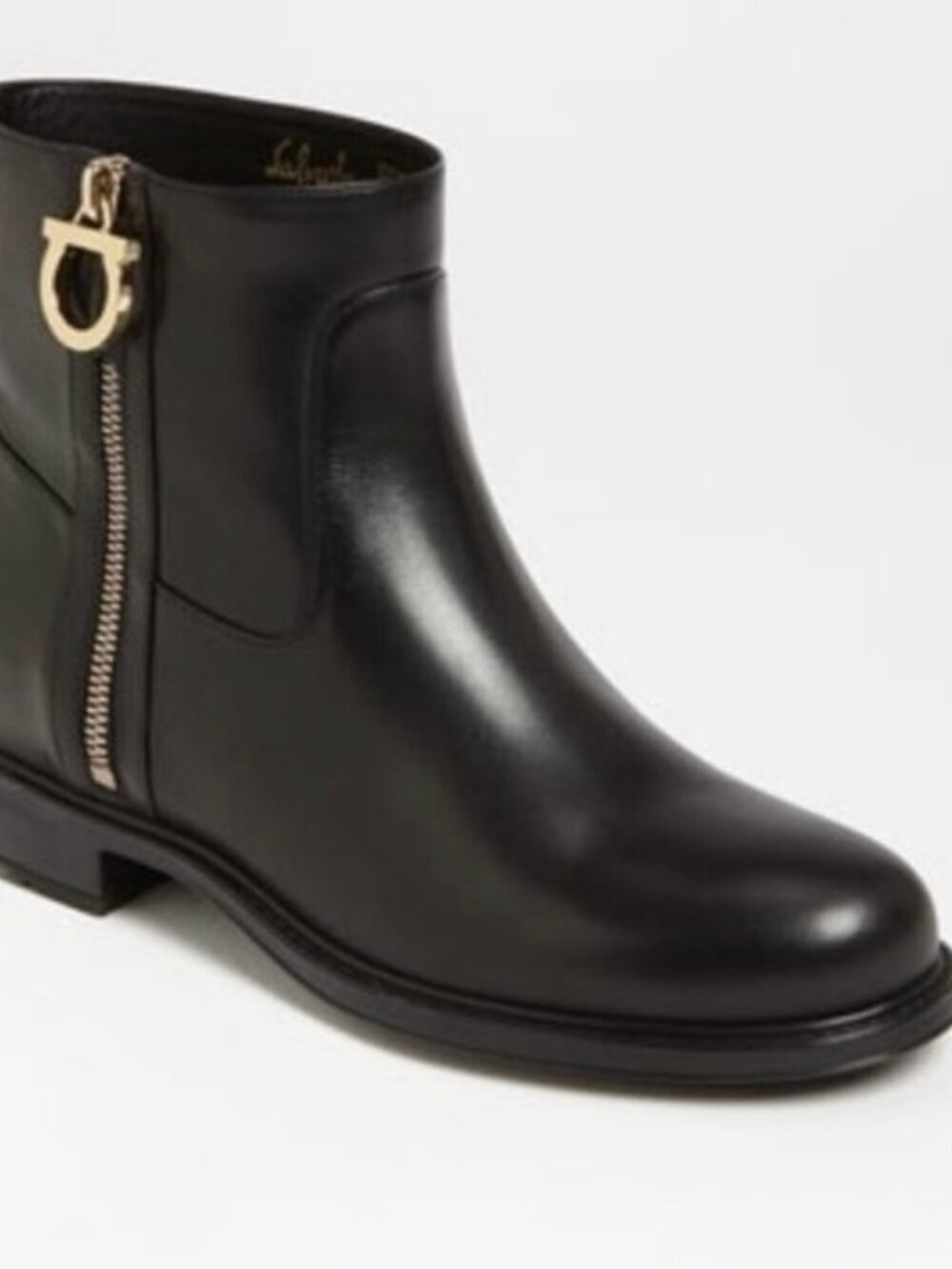 Salvatore Ferragamo Black Leather Ankle Boots Gold Zip Womens 10